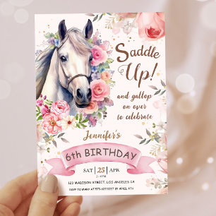 Invitation Filles Cheval 6e anniversaire Fleurs en fleurs Sad