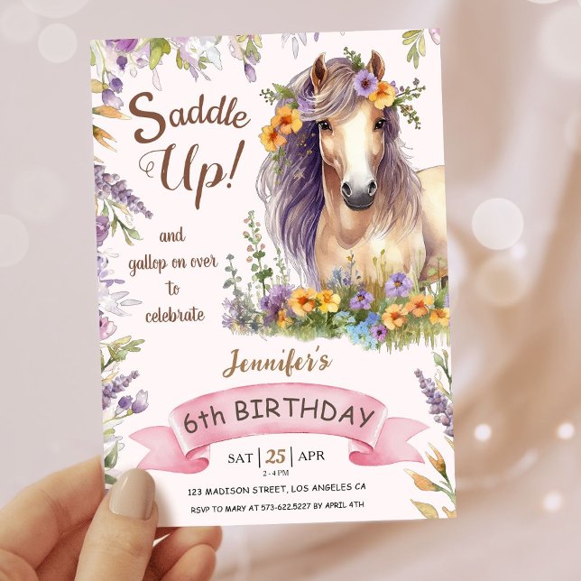 Invitation Filles Cheval 6e anniversaire Purple Floral Saddup (Créateur téléchargé)
