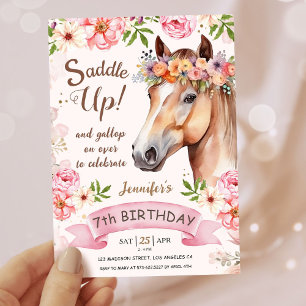 Invitation Filles Cheval 7e Anniversaire Floral Saddle Up!