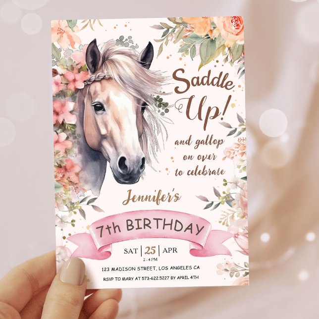 Invitation Filles Cheval 7e anniversaire Floral Selle Up (Créateur téléchargé)