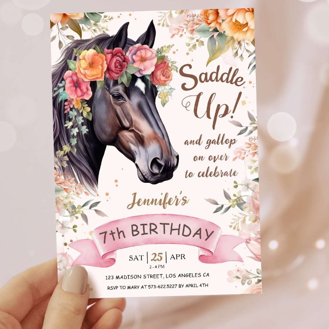 Invitation Filles Cheval 7e anniversaire Pink Cowgirl Saddup (Créateur téléchargé)