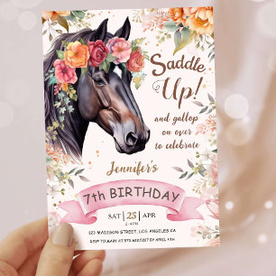 Invitation Filles Cheval 7e Anniversaire Rose Cowgirl Saddle