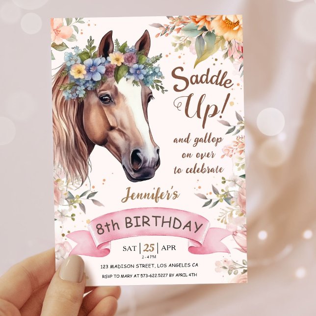 Invitation Filles Cheval 8e anniversaire Pink Floral Saddup (Créateur téléchargé)