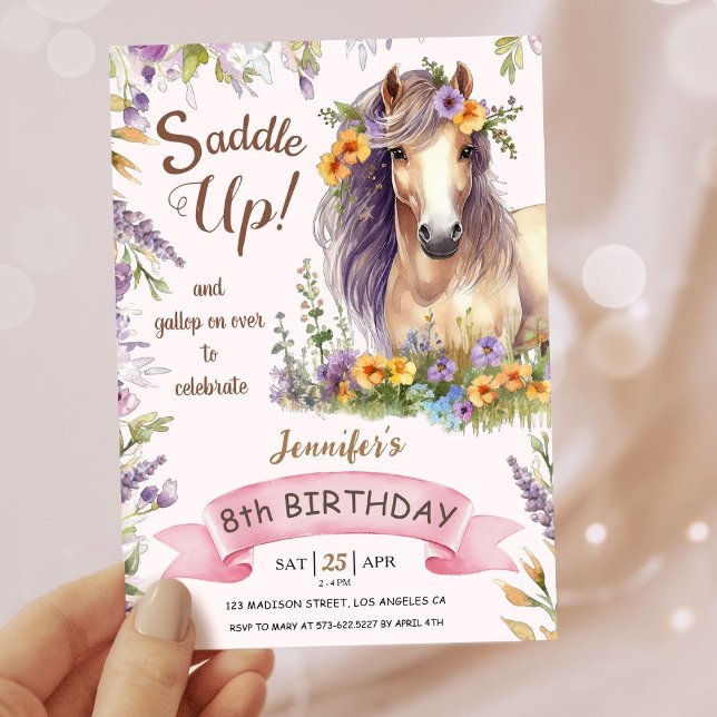 Invitation Filles Cheval 8e anniversaire Purple Floral Saddup (Créateur téléchargé)