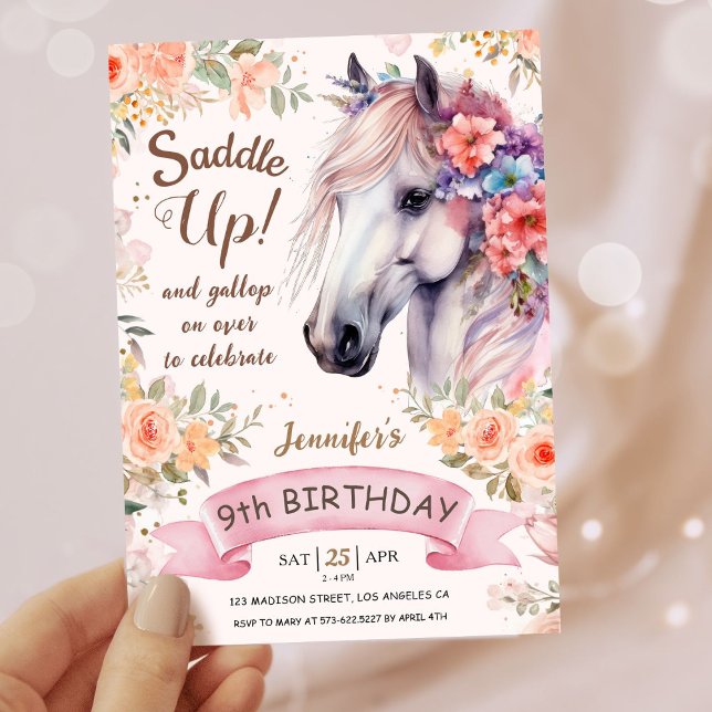 Invitation Filles Cheval 9e Anniversaire Fleurs roses Saddup! (Créateur téléchargé)