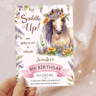 Invitation Filles Cheval 9e anniversaire Purple Floral Saddup