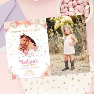 Invitation Filles Cheval Aquarelle Floral Photo Anniversaire