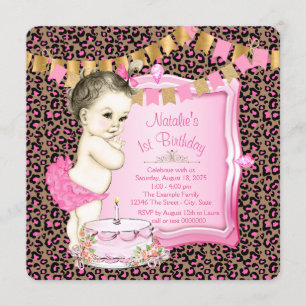 Invitation Filles Chic Rose Léopard 1er Anniversaire