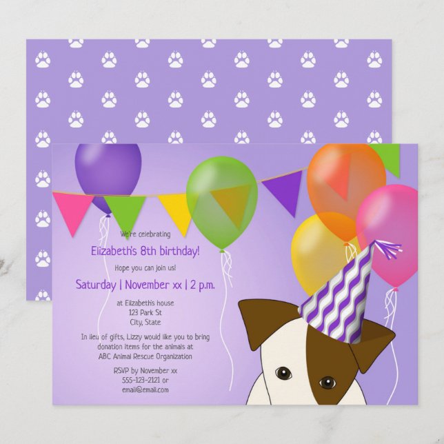 Invitation filles chiot anniversaire violet ballons multicolo (Devant / Derrière)