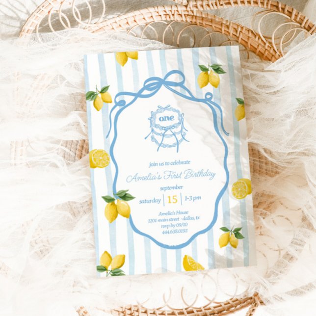 Invitation Filles Citron bleu Amalfi Aquarelle 1er anniversai (Créateur téléchargé)