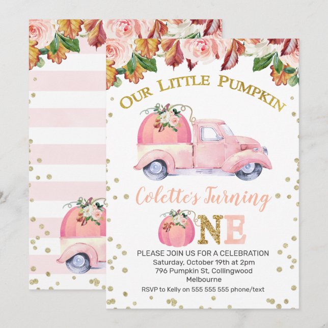 Invitation Filles Citrouille rose Camion 1er Anniversaire Inv (Devant / Derrière)