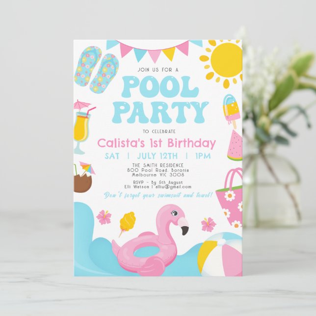 Invitation Filles Colorful Summer Pool Party Anniversaire (Debout devant)