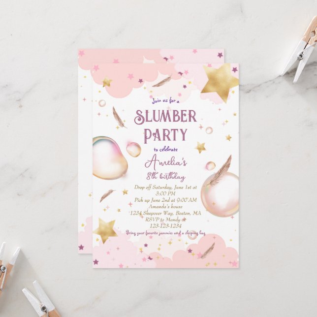 Invitation Filles couchage Pastel Pink Stwood fête d'annivers (Devant/Arrière en situation)