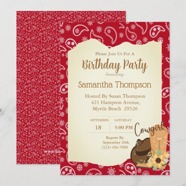 Invitation Filles Cowboy Anniversaire Bandana Rouge Tournesol (Devant / Derrière)