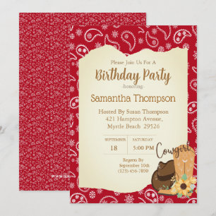 Invitation Filles Cowboy Anniversaire Bandana Rouge Tournesol