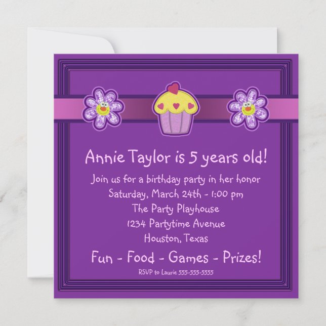 Invitation Filles Cupcake violet fête d'anniversaire (Devant)