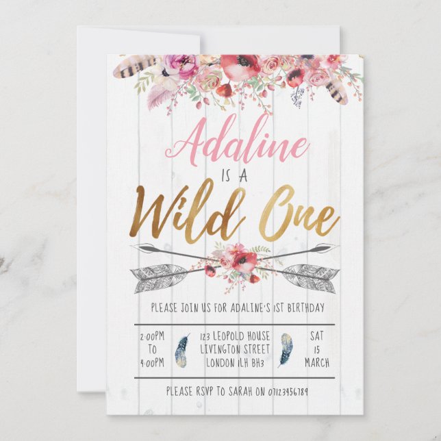 Invitation Filles d'anniversaire de Wild One Boho 1er anniver (Devant)