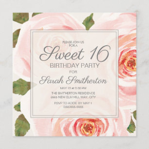 Invitation Filles de 16 ans Fleuris Rose Blush