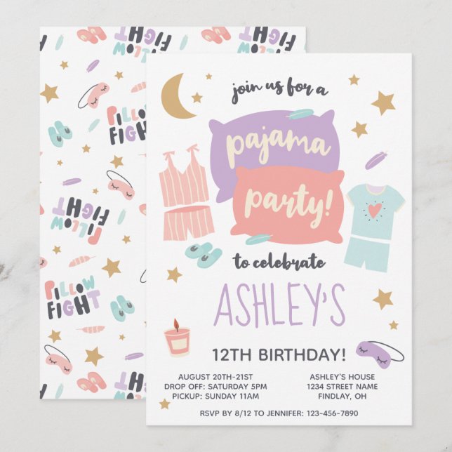 Invitation Filles de la fête du pyjama fête d'anniversaire, t (Devant / Derrière)