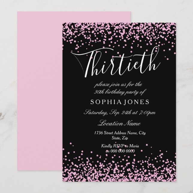 Invitation Filles de Parties scintillant rose noire 30ème ann (Devant / Derrière)