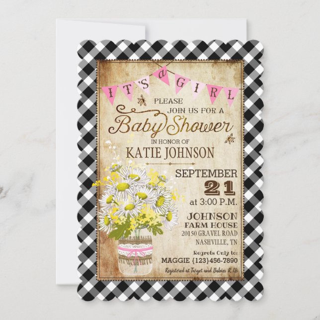 Invitation Filles de pays En vichy Vérifier Baby shower fille (Devant)