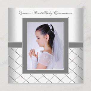 Invitation Filles de photo blanc argenté 1ère communion