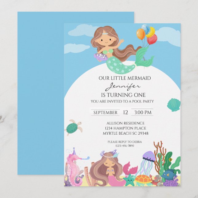 Invitation Filles de sirènes 1er fête d'anniversaire sous la  (Devant / Derrière)