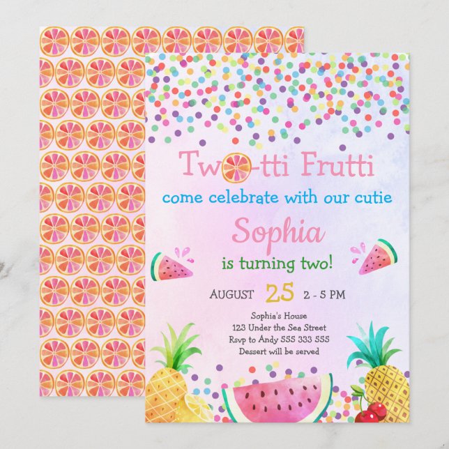Invitation Filles Deux-Tti Frutti 2e Anniversaire Tropical Cu (Devant / Derrière)