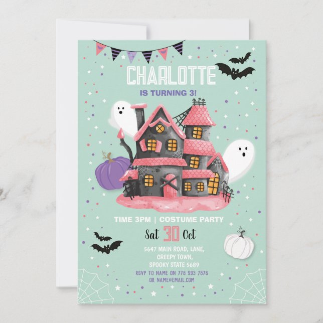 Invitation Filles d'Halloween Fêtes d'anniversaire Maison Fan (Devant)