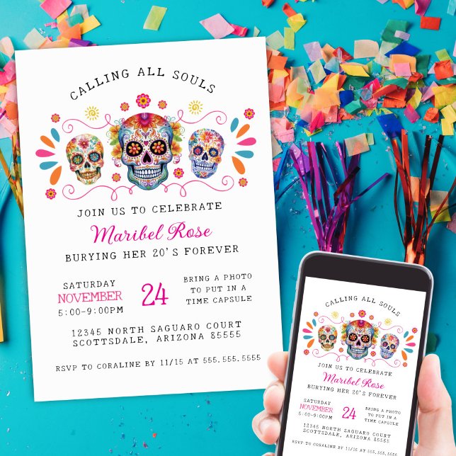 Invitation Filles Dia de los Muertos Crâne fête d'anniversair (colorful dia de los muertos party invitation for milestone birthday party for her 21 30 40 50 or 60)