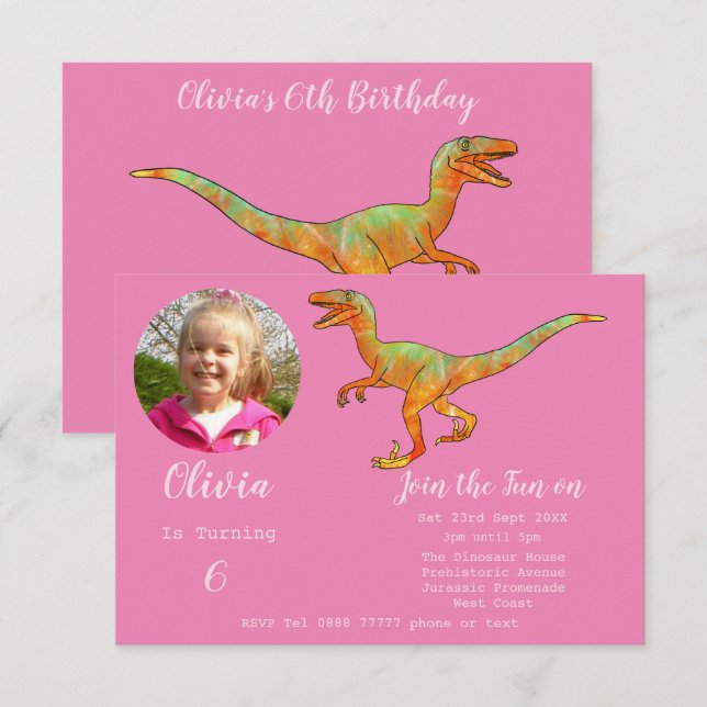 Invitation Filles Dinosaur Anniversaire Velociraptor Party ro (Devant / Derrière)
