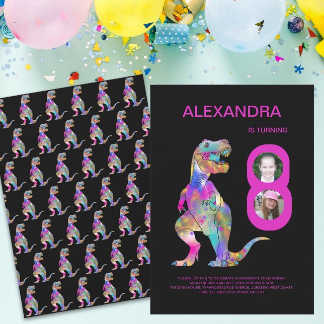 Invitation Filles Dinosaur fête d'anniversaire rose (Colorful Dinosaur T-Rex girls 8th birthday party pink and black invitation)