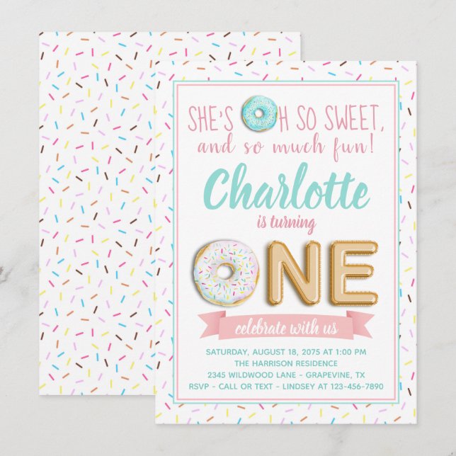Invitation Filles Donut Foil Balloon 1er Anniversaire (Devant / Derrière)