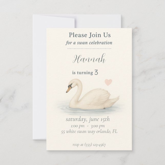 Invitation Fille's Elegant cygne princesse anniversaire (Devant)