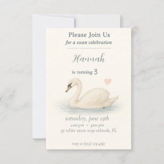 Invitation Fille's Elegant cygne princesse anniversaire