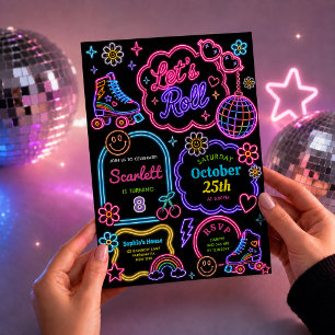 Invitation Filles en patins à roulettes Anniversaire Glow néo