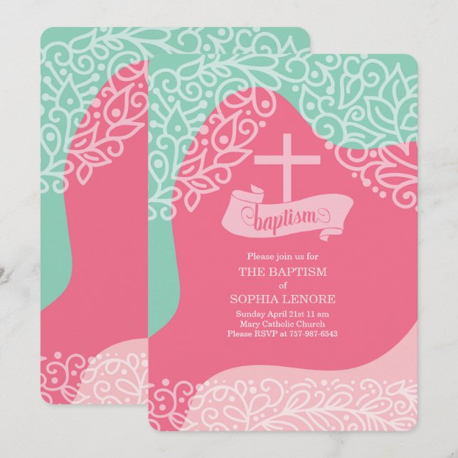 Invitation Filles en rose et vert de mer avec le baptême croi (Devant / Derrière)