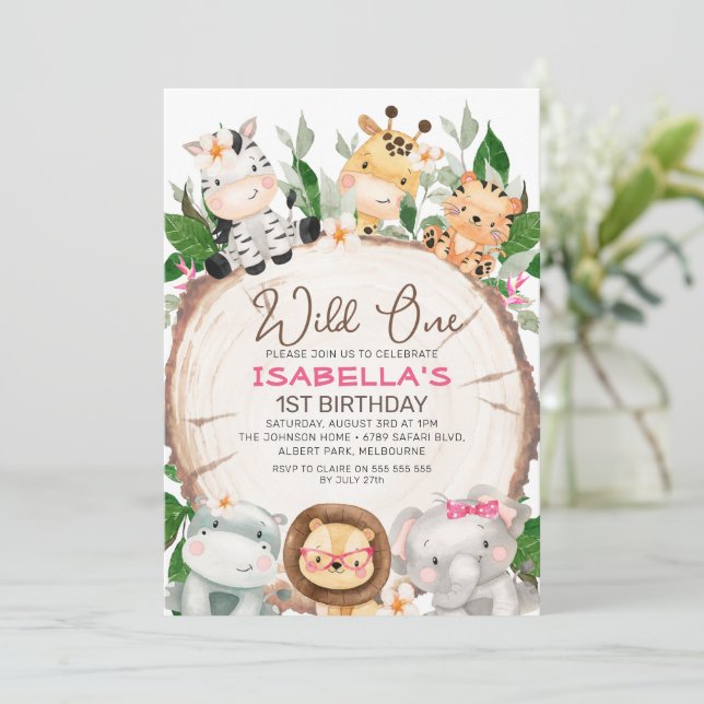 Invitation Filles en tranches de bois Foliage Safari Annivers (Debout devant)
