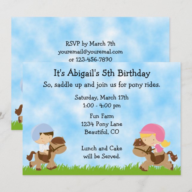 Invitation Filles et garçons de la fête du Poney mignonne Ann (Devant / Derrière)