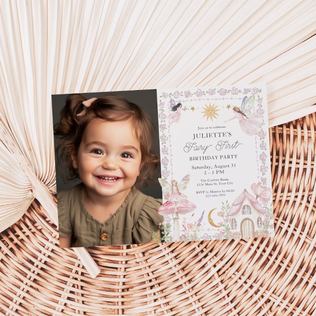 Invitation Filles Fairy First Magical Garden Photo Anniversai (Girls Fairy First Photo Birthday Invite)