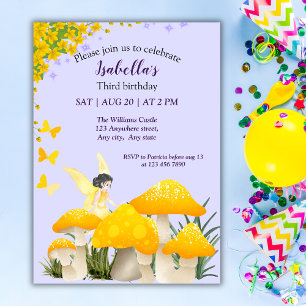 Invitation Filles Fée Jaune Champignon Papillon Anniversaire