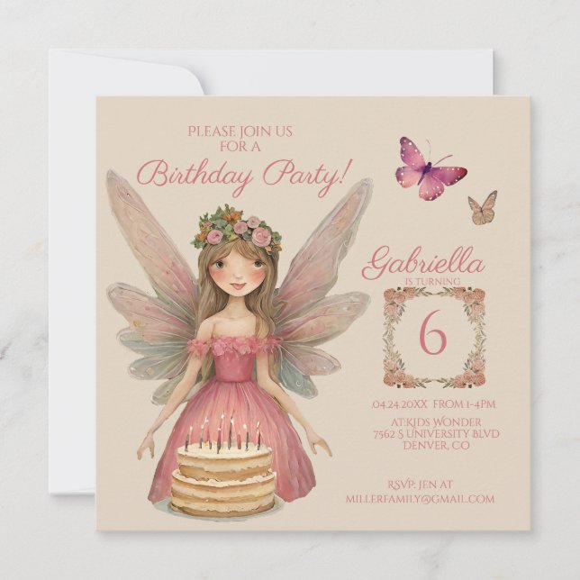 Invitation Filles Fées Roses Anniversaire (Devant)
