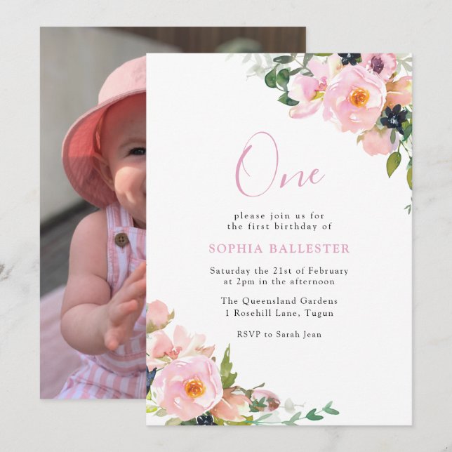 Invitation Filles Fleurs Roses et Vides 1er Anniversaire Phot (Devant / Derrière)