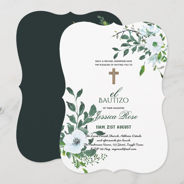 Invitation Filles Floral BAUTIZO Bautismo Croix catholique ro (Devant / Derrière)
