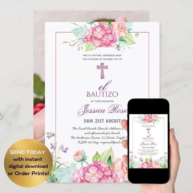 Invitation Filles Floral BAUTIZO Bautismo Croix catholique ro (Créateur téléchargé)