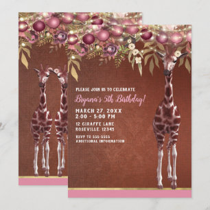 Invitation Filles Floral Giraffe Rose & Or fête d'anniversair