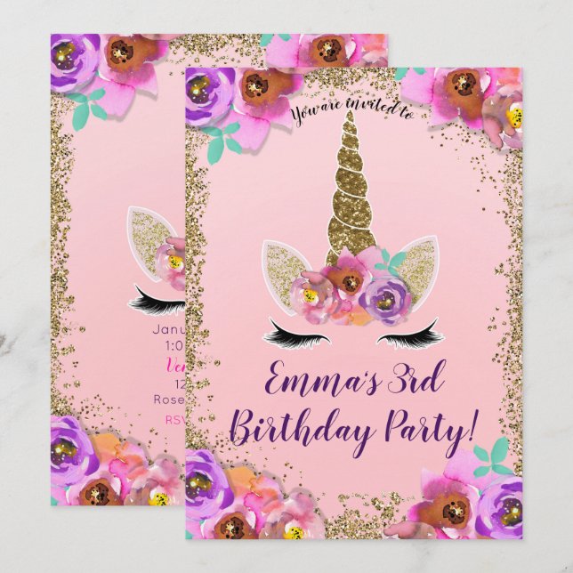 Invitation Filles Floral & Gold Parties scintillant Unicorn f (Devant / Derrière)