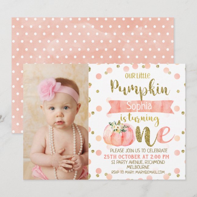 Invitation Filles Floral rose Citrouille 1er anniversaire Inv (Devant / Derrière)