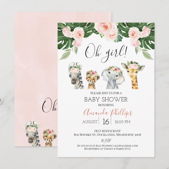 Invitation Filles Floral Safari Animaux Baby shower Invitatio (Devant / Derrière)
