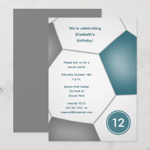Invitation filles garçons sports turquoise gris soccer fête d